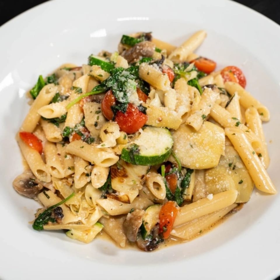 Giuseppe's penne pasta with zucchini, tomatoes, mushrooms, spinach, and parmesan cheese.